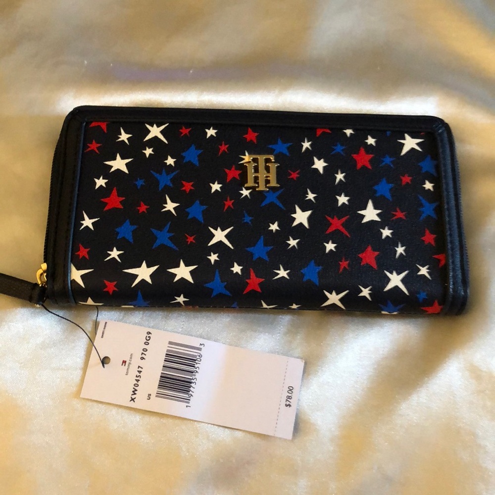Tommy Hilfiger Navy Blue Faux Leather ZA Wallet Red, White & Blue Stars NWT